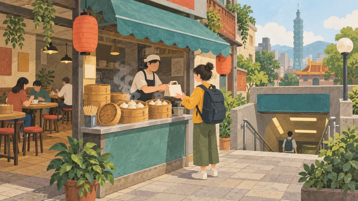 「台北・鼎泰豊の信義店は持ち帰り専用:東門駅周辺の店舗選び」のイメージイラスト